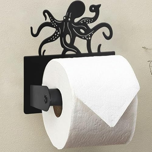 Wigag Octopus Toilet Paper Holder Wall Mounted, Bathroom Decorative Metal Toilet Paper Mega Roll Dispenser, Matte Black Rustproof Tissue Roll Holder for Kitchen Washroom
