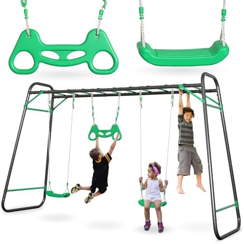HyperMotion Kinder Schaukelgerüst XXL Stahl – Gartenschaukel 3in1 mit 2 Schaukeln, Sprossenleiter und Turntrapez – für 3 Kinder gleichzeitig, ab 3 Jahre, Traglast 150 kg, Outdoor Garten