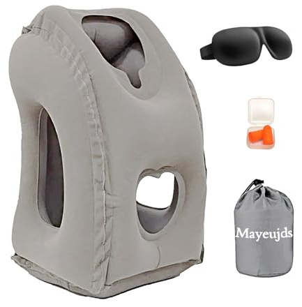 Mayeujds Aufblasbares Reisekissen mit Halsstütze & Augenbinde | Ergonomisches Nackenkissen für Flugzeug, Auto, Camping | 20-Sekunden-Aufblasventil, Wasserdichtes PVC, Tragetasche + Ohrstöpsel (grau)