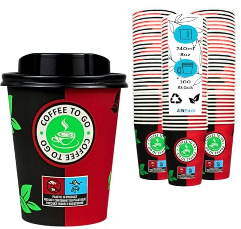 Enpack - 100 Kaffeebecher mit Deckel - 200ml/8oz - Ökologische kompostierbare Trinkbecher - Hitzebeständige To Go Becher - Recycelbar Einwegbehälter für Kaffee/Tee/Kakao