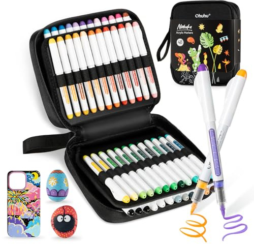 Ohuhu Acrylic Paint Pens, 48 Colours Direct Liquid High Opacity Waterproof Lightfast Flexible Brush Tip Acrylic Markers for Rock Painting Easter Eggs Wood Glass Ceramic Canvas - Nahuku
