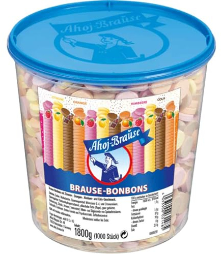 Ahoj-Brause Bonbon Eimer 1000 Brause-Bonbons mit Zitronen-, Orangen-, Himbeer- und Cola-Geschmack