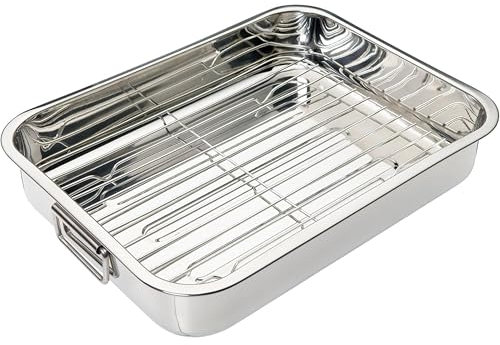 Premium Stainless Steel Roasting Pan with Removable Rack – Deep Oven Tray with Folding Handles – Oven Roaster Tin for Turkey, Meat, Veg, Dishwasher Safe (Extra Large 42cm X 31cm)