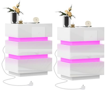 HaodaCulture Nachtschrank 2er Set, Nachttisch mit Steckdose, Nachtkommode Weiß Hochglanz mit LED, 3 Schubladen, 2 AC Steckdosen, 2 USB Anschlüsse, Beistelltisch für Schlafzimmer 45x35x62cm