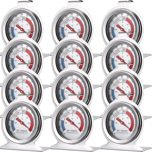12 Stück Kühlschrankthermometer mit Zifferblatt, Haken und Standfuß | Analoge Temperaturanzeige zum Aufhängen oder Aufstellen – geeignet für Kühlschrank, Gefrierschrank, Kühlbox und Kühlraum