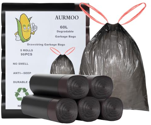 AURMOO Reißfest Müllbeutel 60L mit Zugband, Abbaubar Biomüllbeutel, | Tropfsichere Mülltüten mit Zugband, Reißfeste Müllsäcke mit Kordelzug, 90 Stück, 60 x 80cm, Schwarz