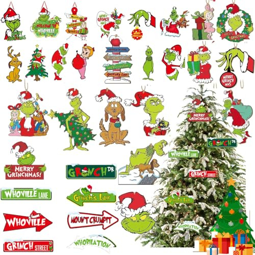 32pcs Grinchs Ornaments for Christmas Tree, Grinchs Tree Decor, Whoville Christmas Decorations Paper Hanging Ornaments for Winter Xmas Party Favor Supplies