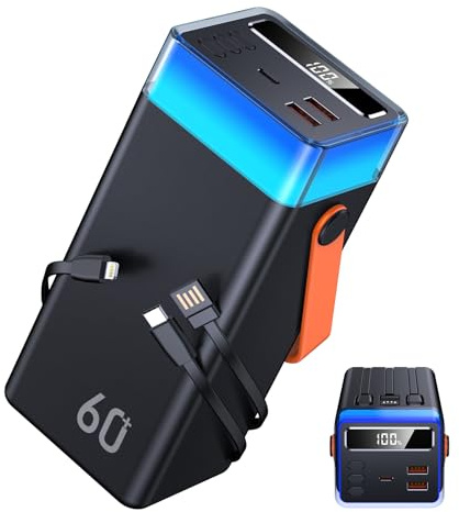 60000mAh Power Bank 22.5W Fast Charging, PowerBank with Built-in Cables, Battery Pack USB C Portable Charger for Camping, Travel, Outdoor Compatible with iPad/iPhone/Tablets/Phones etc