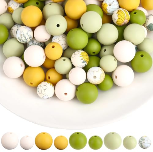 PONABEADIY 9 Estilo 100 Piezas de Cuentas Focales de Silicona con Agujero Redondas con Estampado de Flores Amarillo Verde Crisantemo Floral Cuentas Espaciadoras Sueltas A Granel para Hacer Joya