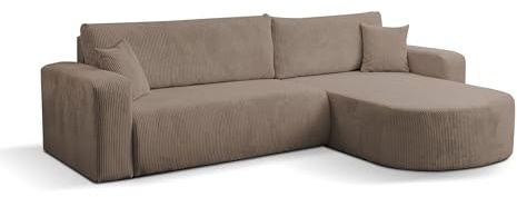VENASI MÖBEL Ecksofa Tokio, Eckcouch in L-Form mit Schlaffunktion und Bettkasten, Farbe: Braun, Cordstoff, Ottomane Universal