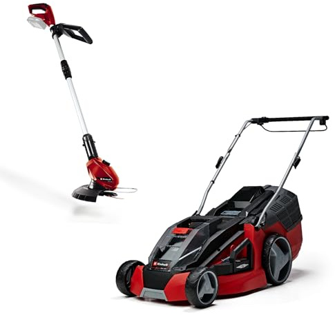 Einhell Akku-Gartengeräte Kit PXC (Akku-Rasenmäher GE-cm 43 Li M Kit, 36 V, 43 cm Schnittbreite, inkl. 2X 4,0 Ah + 2X Ladegerät, Akku-Rasentrimmer GE-CT 18 Li Solo, inkl. 20x Kunststoffmesser)
