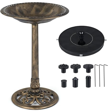 COSTWAY Comedero Pajaros Exterior con Fuente Solar, Alimentación de Aves de PP para Jardín, Comedero Vertical para Pájaros en Estilo Retro, Decorativo Exterior Baño de Pájaros (Bronce,51 x 51 x 72 cm)