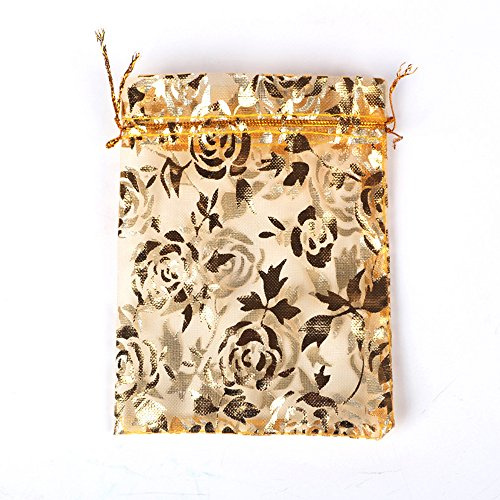 PLECUPE 100 Stück Organzasäckchen Organza Beutel Tunnelzug Hochzeit Säckchen, 9x12cm Mehrfarbig Schmuckbeutel für Geschenke Schmuckaufbewahrung oder zum Verpacken - Gold
