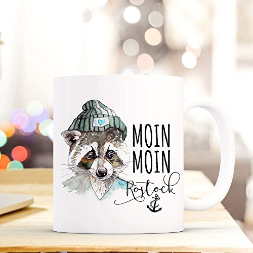 Maritime Tasse Becher Kaffeetasse mit Waschbär Spruch Kaffeebecher Geschenk Spruchbecher... MOIN MOIN Rostock ts653