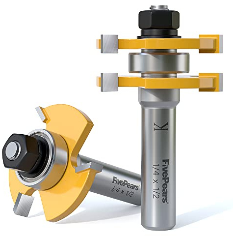 FivePears Tongue and Groove Router Bit Set with 1/2 Shank,T Shape 3 Teeth Wood Milling Cutter Woodworking Tool(2pcs)