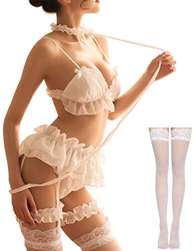 Damen Sexy Cosplay Dessous Set Rüschen Baby Puppe Teddy Outfit BH ein Höschen Nachthemd mit Choker, Weiss/opulenter Garten, Einheitsgröße