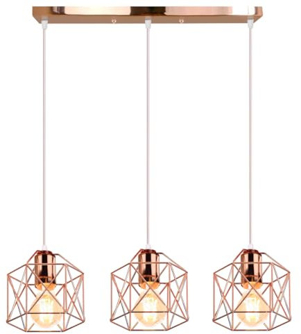 iDEGU 3-flammig Hängelampe Vintage Lampe im Industrie Design Sechseckiger Käfig-Lampenschirm aus Metall E27 Deckenleuchte Retro Pendelleuchte für Esszimmer, Schlafzimmer, Küche (Balken, Roségold)