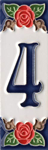 Numeri civici, numeri e lettere italiane in ceramica, motivo rosa, dimensioni piastrelle: 10 cm x 3,5 cm, 3 a 6 cornici (numero 4)