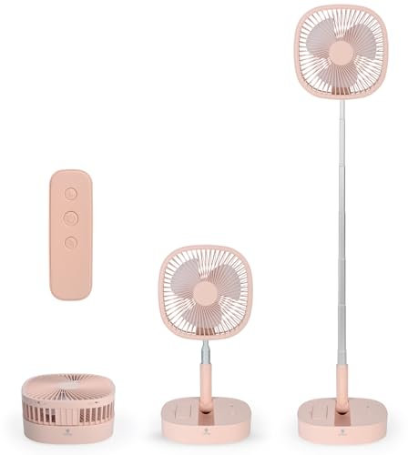 Magesh Portable Pedestal Fan - Foldaway Standing Fan, Remote Control, 4 Speed, Quiet Timer, Pink