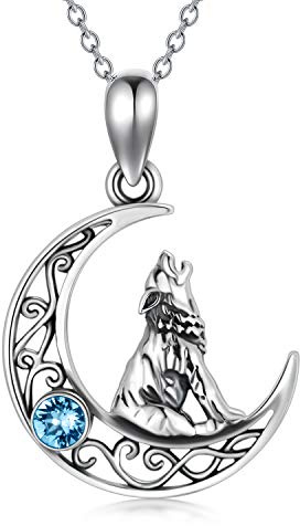 AOBOCO Sterling Silber Mondsichel Wolf Anhänger Kette mit Geburtsstein Kristall, Wolf Schmuck Geschenke für Frauen (03-Aquamarin-Mar.)