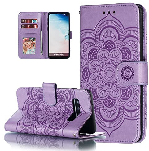 EYZUTAK Case for Samsung Galaxy S10 Plus, Premium Flip Wallet Phone Case PU Leather Mandala Embossed Design Shockproof Cover with Kickstand Card Holder Protective Case - Purple