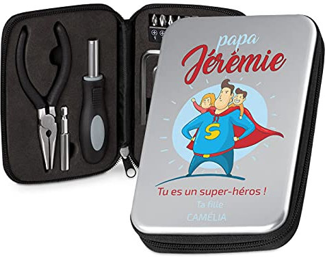 Maverton Ensemble d'outils dans une trousse en aluminium personnalisée - Boîte à outils personnalisée pour l’homme - Pour les bricoleurs - Cadeau d’anniversaire - Super-héros