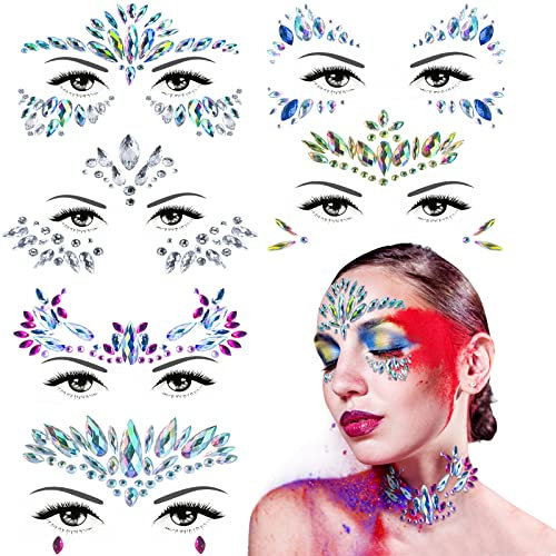 Glitzersteine Gesicht, Festival Glitzer Gesicht, 6PCS Glitzersteine Selbstklebend, Meerjungfrau Strasssteine Selbstklebend, Juwelen Glitzertattoos Aufkleber, Gesicht Edelsteine für Festival Zubehör