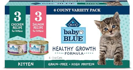 Blue Buffalo Baby Blue Natural Kitten Wet Cat Food Paté Variety Pack, Healthy Growth Formula with DHA, High-Protein & Grain-Free, Chicken and Salmon Recipes, 3-oz Cans (6 Count, 3 of Each)