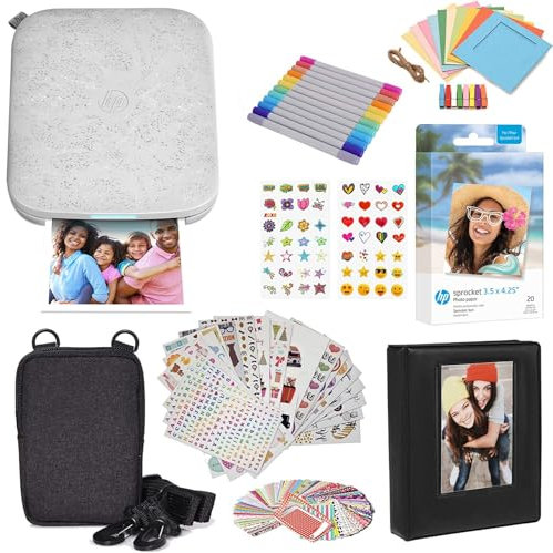 HP Sprocket - Impresora fotográfica instantánea de 3 x 4 - Kit: 50 unidades de papel Zink, estuche, álbum de fotos, marcadores, juegos de pegatinas