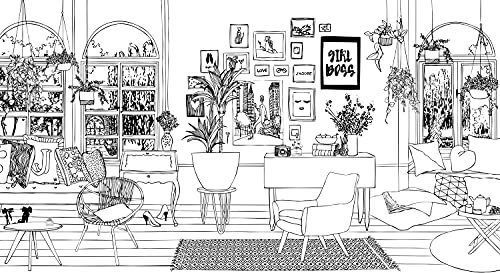 papier peint panoramique dessin d'un salon noir et blanc 511.5 x 279 cm - ESTAhome