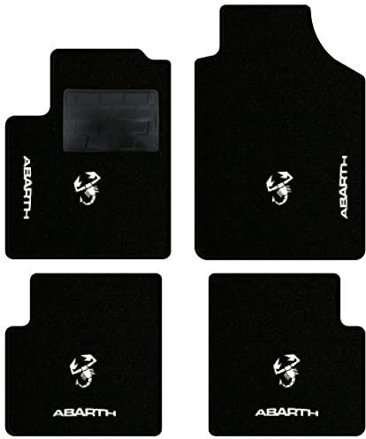 QUEMAR Autofußmatten kompatibel mit 595 ABTH und 500 ABTH ab 2007/Set maßgeschneiderten fußmatten aus Teppich und Gummi/Personalisierte Stickereien und Farben (Rand Schwarz, 4 Stickereien + 4 Logos)