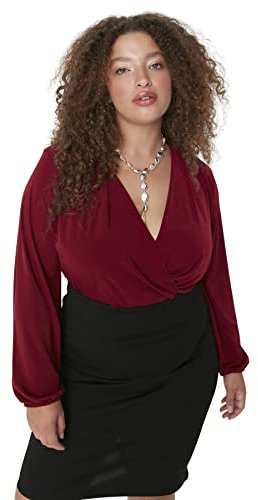 Trendyol Femme Regular Fit Wrapover Cache-Coeur Knit Plus Size Blouse Chemisier Tricot Grande Taille, Bordeaux, XX-Large