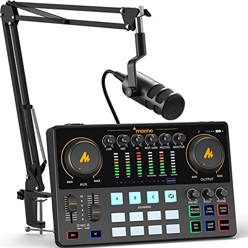 MAONO Podcast Equipment Bundle 10 Kanal Audio Interface und XLR Dynamisches Mikrofon MaonoCaster mit Pro-Preamp, 48 V, Bluetooth für Podcast, Streaming, TikTok, Youtube, PC, Smartphone (AME2C Pro)