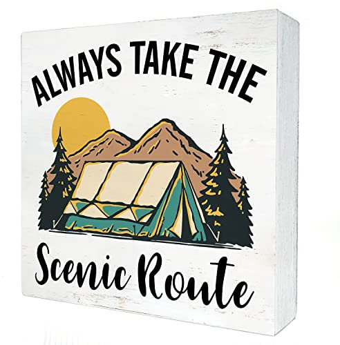 Camping Always Take the Scenic Route Holzbox-Schild Heimdekoration Rustikaler Reisender Wanderer Camper Holzkiste Schild Block Plaque für Wand Tischplatte Schreibtisch Dekoration