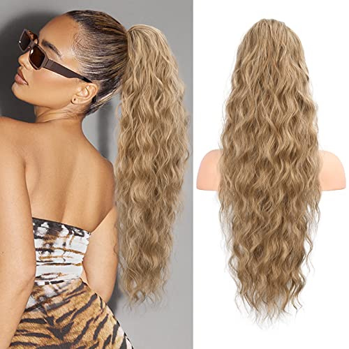 Flufymooz Ponytail Extension Pferdeschwanzverlängerung, 66 cm Pferdeschwanz mit Kordelzug Haarverlängerungen, Lockiger Pferdeschwanz Synthetisches Haarteil für Damen (Dunkelblond gemischt)