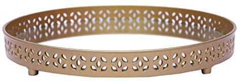 Mirrored Glass Vanity Tray - Round Metal Makeup Organizer for Cosmetics, Perfume, Jewelry, Trinkets - Decorative Candle Plate for Dresser, Countertop - Home Decor (Gold)