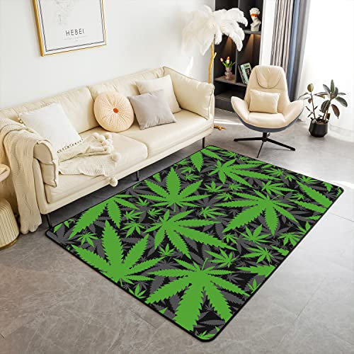 Loussiesd Marihuana Weed Modern Teppich Cannabis Blätter Non Slip Teppich 150x200cm Weich WohnzimmerTeppich für Küche und Balkon Grün Botanische Home Wetterfest Dekor Kinder Bodenteppich