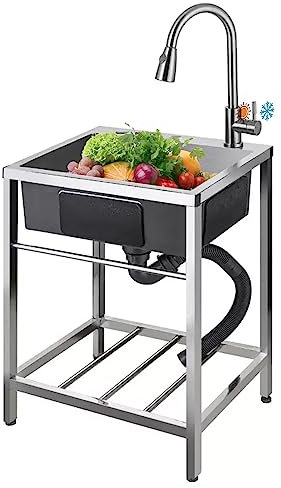 Fregadero de Cocina, Fregaderos de un Seno Fregadero Comercial, Fregadero de Servicios de Acero Inoxidable Independiente con Grifo Y Escurridor, Para Garaje Bares, 65 x 45 cm