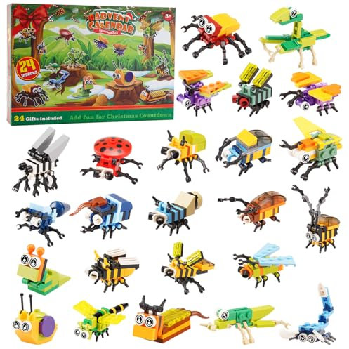 MISINI Tier Insekten Serie Mini Klemmbausteine Technik,MOC kreatives STEM Spielzeug Modellset Weihnachtsspielzeuggeschenke für Kinder und Mädchen,insgesamt 24 Insekten-Baustein Adventskalender 2024