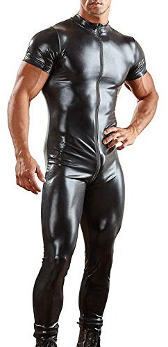 Duohropke Latex Catsuit Männer Herren Jumpsuit aus Wetlook Material Slim Fit Latex Glänzend Overall Sexy Oberteil Lack Leder Outfit Muskelshirt Party Clubwear