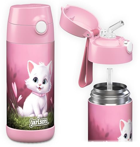 Jarlson® Trinkflasche Kinder Edelstahl CHARLI mit Strohhalm - Thermosflasche 350ml - TÜV geprüft - BPA frei - auslaufsicher - Thermo Wasserflasche für Schule, Kindergarten - Katze 2.0, 350 ml