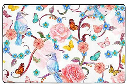 AAPIKA Romantischer, ausgefallener Teppich mit Blumenmuster, Vögel, Schmetterling, bedruckt, 150 x 100 cm, Flanell, rutschfest, weich, langlebig und vielseitig