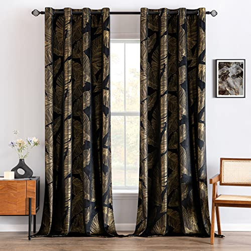 MIULEE Samt Vorhänge mit Goldfolie Blätter Muster, 2 Stück Schwarz Gardinen mit Ösen, Jedes 228 cm Hoch, Superweich, Blickdicht für Wohn- und Schlafzimmer Deko