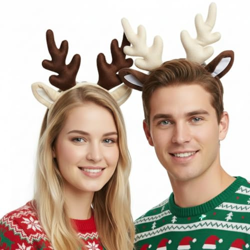 Housoutil Rentier Haarreif Weihnachten, 2 Stück Rentier Geweih Stirnband, Weihnachtsfeier Kopfschmuck Kopfbedeckung, Geweih Haarreif Für Kinder Erwachsene Mottoparty Rollenspiel