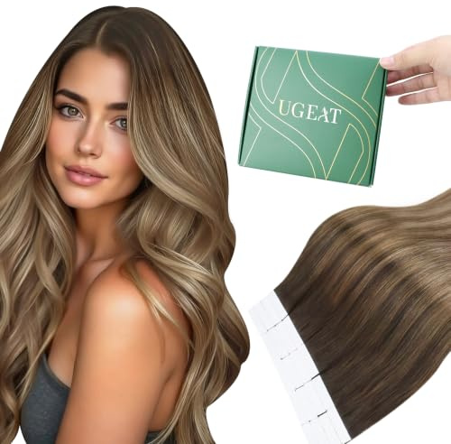 Ugeat Invisible Tape Extensions Ombre Braun 45 cm 50G 20 Stück #4/10/16 | Tape Extensions Echthaar, Balayage Dunkelbraun bis Hellbraun mit Goldblond, Natürlich wirkend, für Dates und Events