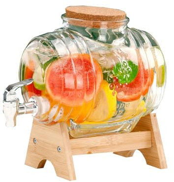 FassföRmiger GeträNkespender aus Glas Fässchen mit Holzständer Weinfass Fass mit Hahn, Fass GeträNkespender mit Zapfhahn, Wasserkaraffe für Kalte und Heiße Getränke, im Freien