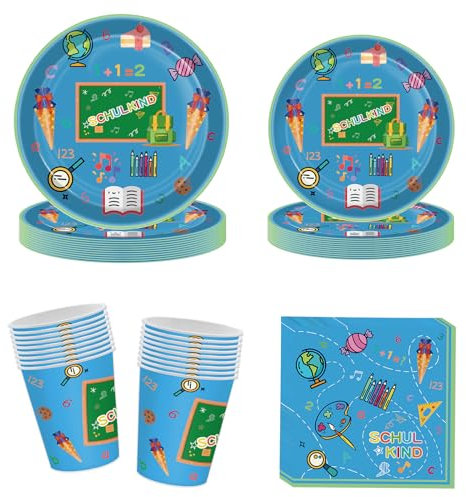 Oirigaga Einschulung Partygeschirr Set, 80pcs Schulanfang Pappgeschirr mit Pappteller Pappbecher Servietten Blau Papier Teller Becher, Schulkind Schulstart Party Geschirr Tischdeko Zubehör 20 Kinder