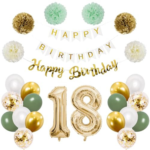 Wiainty Geburtstagsdeko 18 Mädchen, Salbeigrüne Deko Junge, Luftballon Grün Weiß Gold, Girlande Zahl 18 Luftballons Papier Pompons für 18. Geburtstag