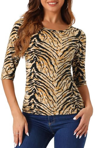 Allegra K Women's 3/4 Sleeves Top Round Neck Slim Fit Tee Casual Leopard Floral Breton Printed T-Shirt Apricot-Tiger M