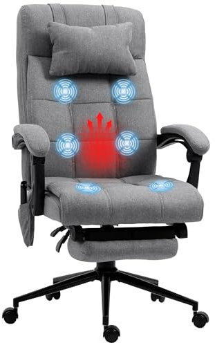 Vinsetto Sedia da Scrivania Riscaldante con 5 Modalità e 6 Punti Massaggio, Poltrona da Ufficio Ergonomica con Schienale Reclinabile a 155° e Poggiapiedi, Grigio